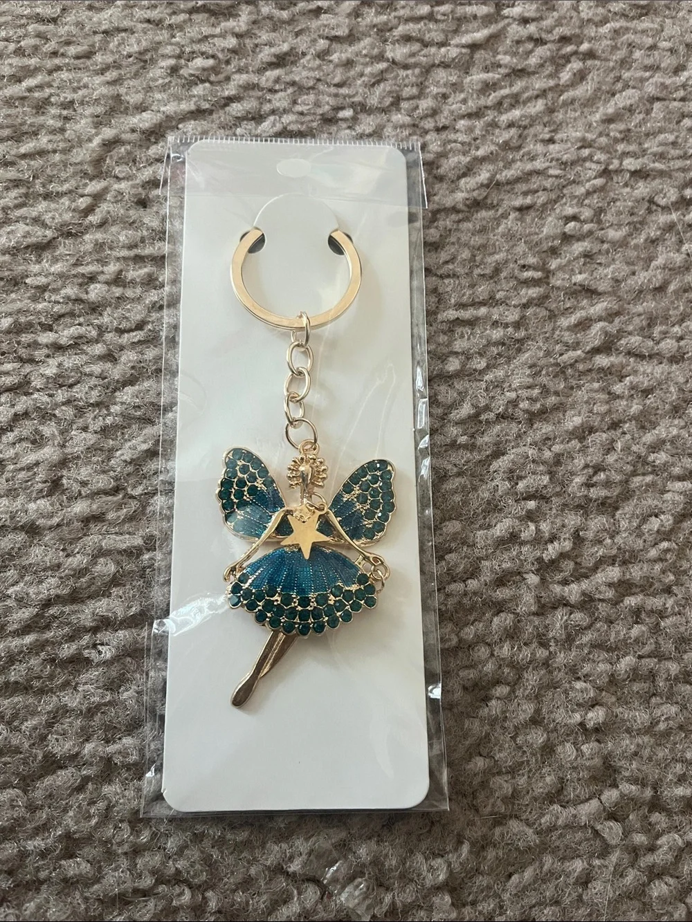 Gold Fairy Keychain with Teal Enamel and Rhinestones